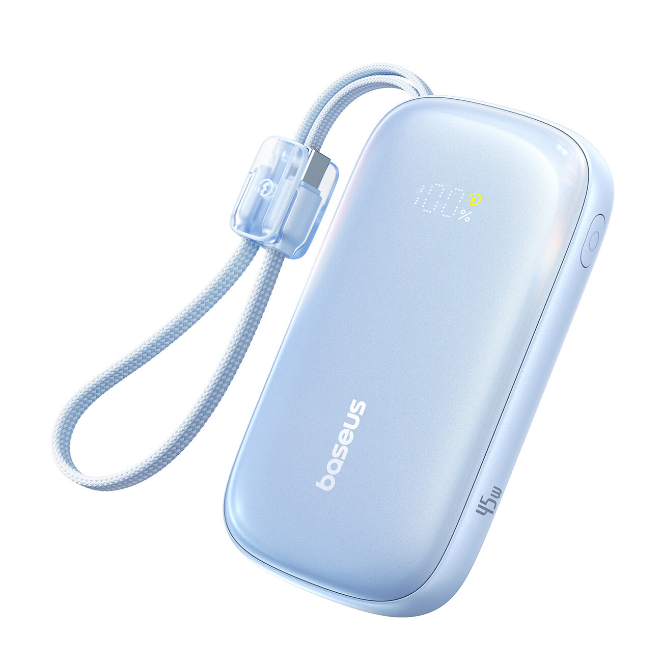 Na obrazie widoczny jest niebieski powerbank z wyświetlaczem pokazującym \'100%\'. Na urządzeniu znajduje się logo \'baseus\' oraz oznaczenie \'45W\'.
