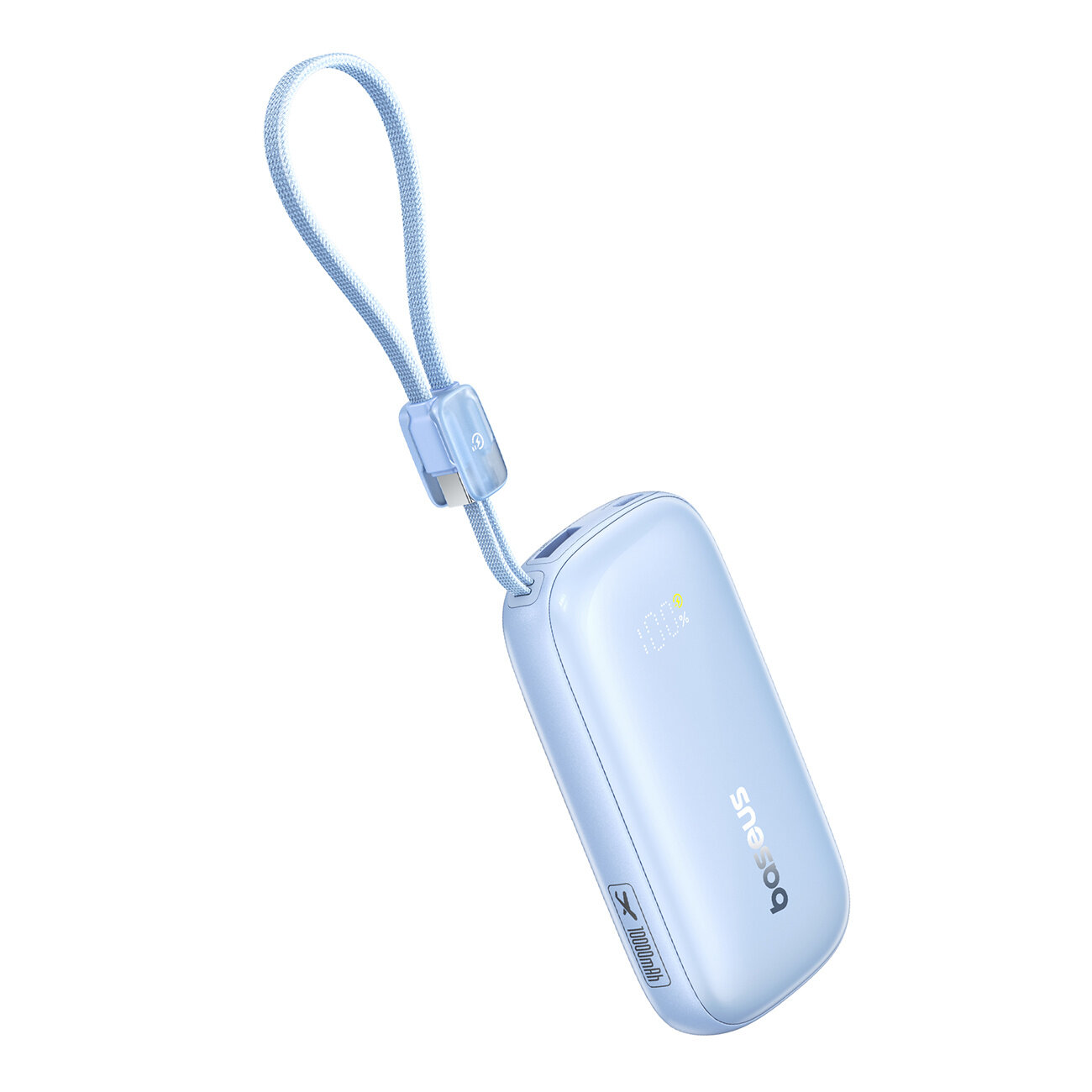 Niebieski powerbank z logo \'baseus\' i odłączanym kablem USB-C Lightning. Na obudowie widoczny jest wskaźnik naładowania baterii.