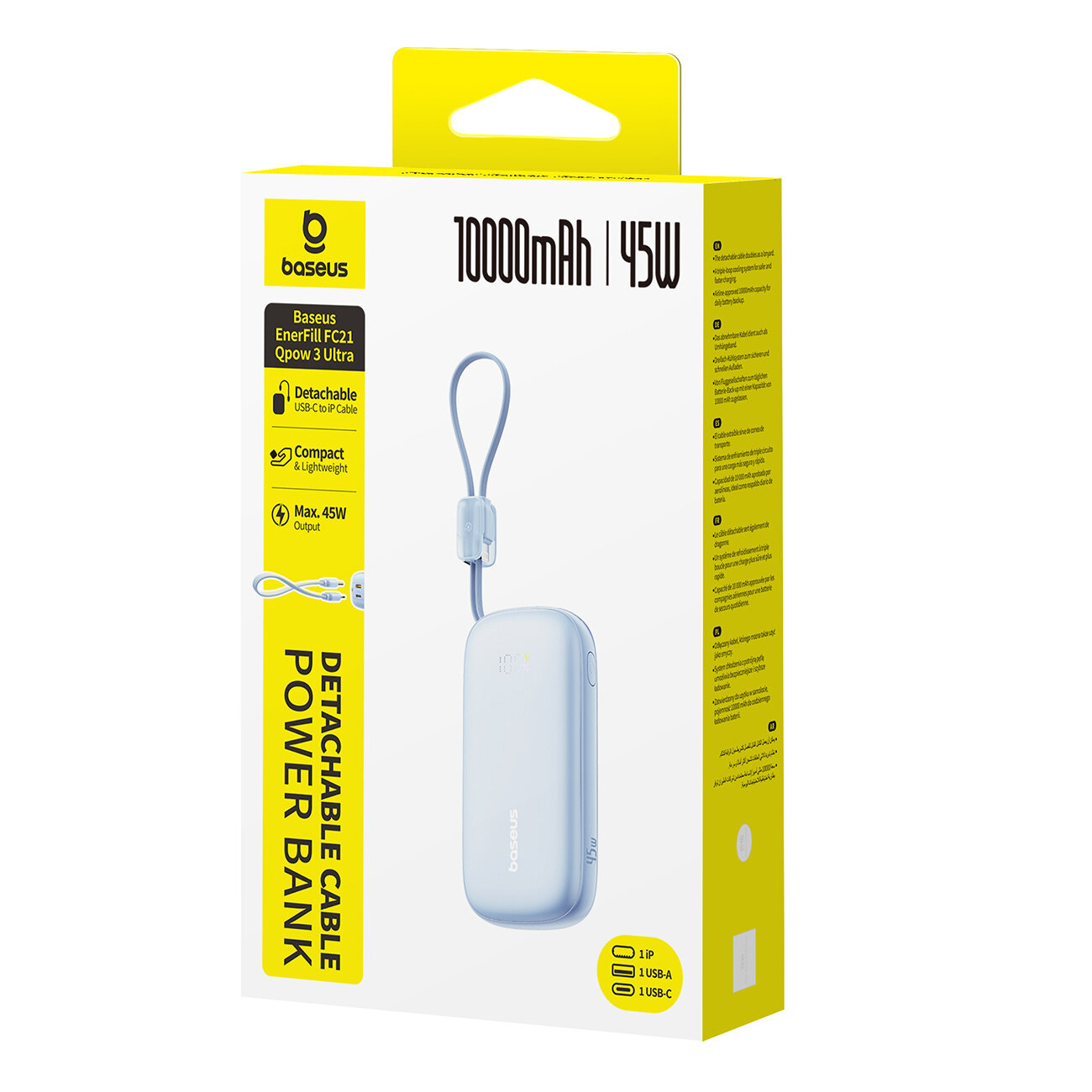 Opakowanie powerbanku Baseus o pojemności 10000mAh i mocy 45W z odłączanym kablem USB-C. Na opakowaniu widoczne są informacje: \'Detachable USB-C Cable\', \'Compact & Lightweight\', \'Max. 45W Output\'.