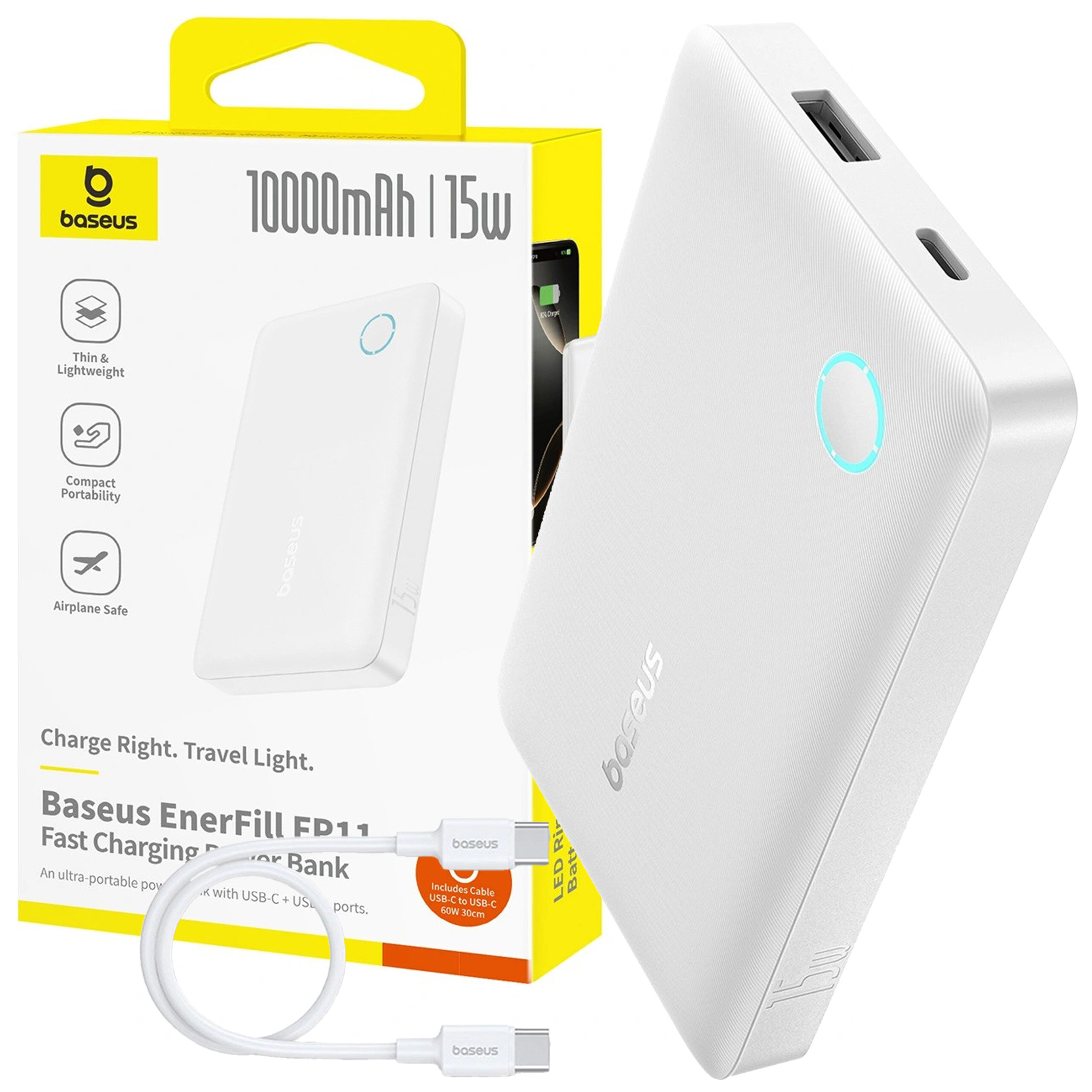 Na obrazie znajduje się biały power bank z logo \'baseus\' oraz opakowanie z napisem \'10000mAh | 15w\'. W zestawie widoczny jest biały kabel USB-C z logo \'baseus\'.