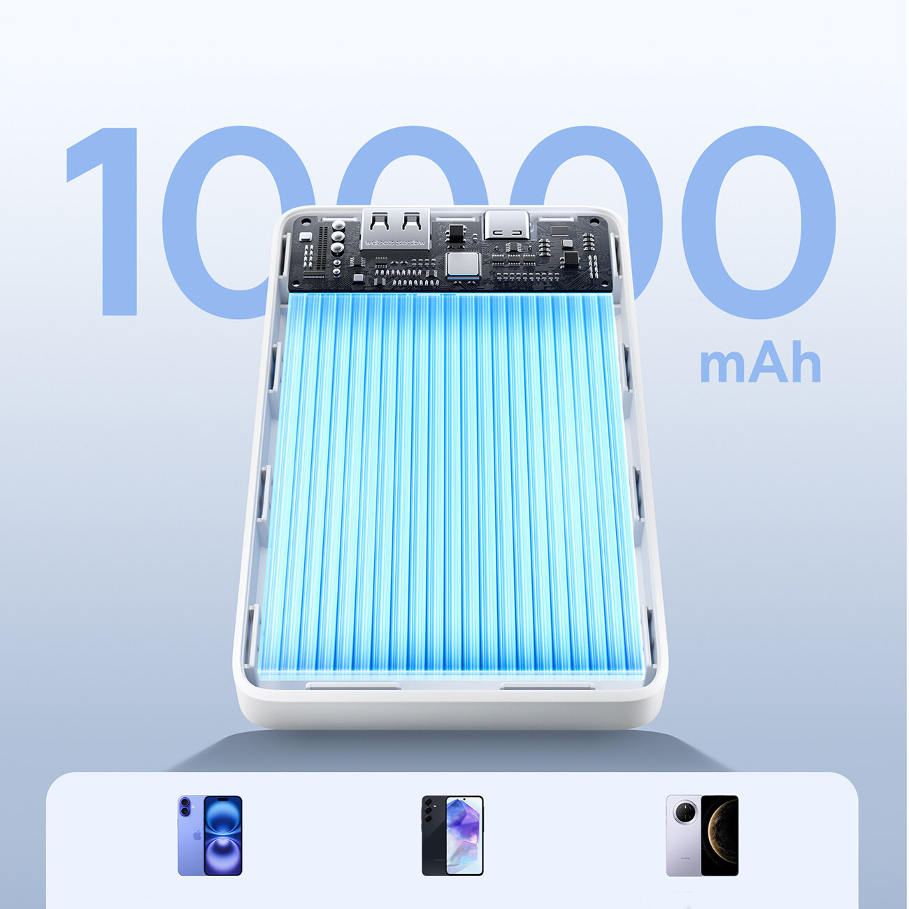 Obraz przedstawia wnętrze power banku z widocznymi niebieskimi ogniwami i elektroniką na górze. W tle znajduje się duży napis \'10000 mAh\'.