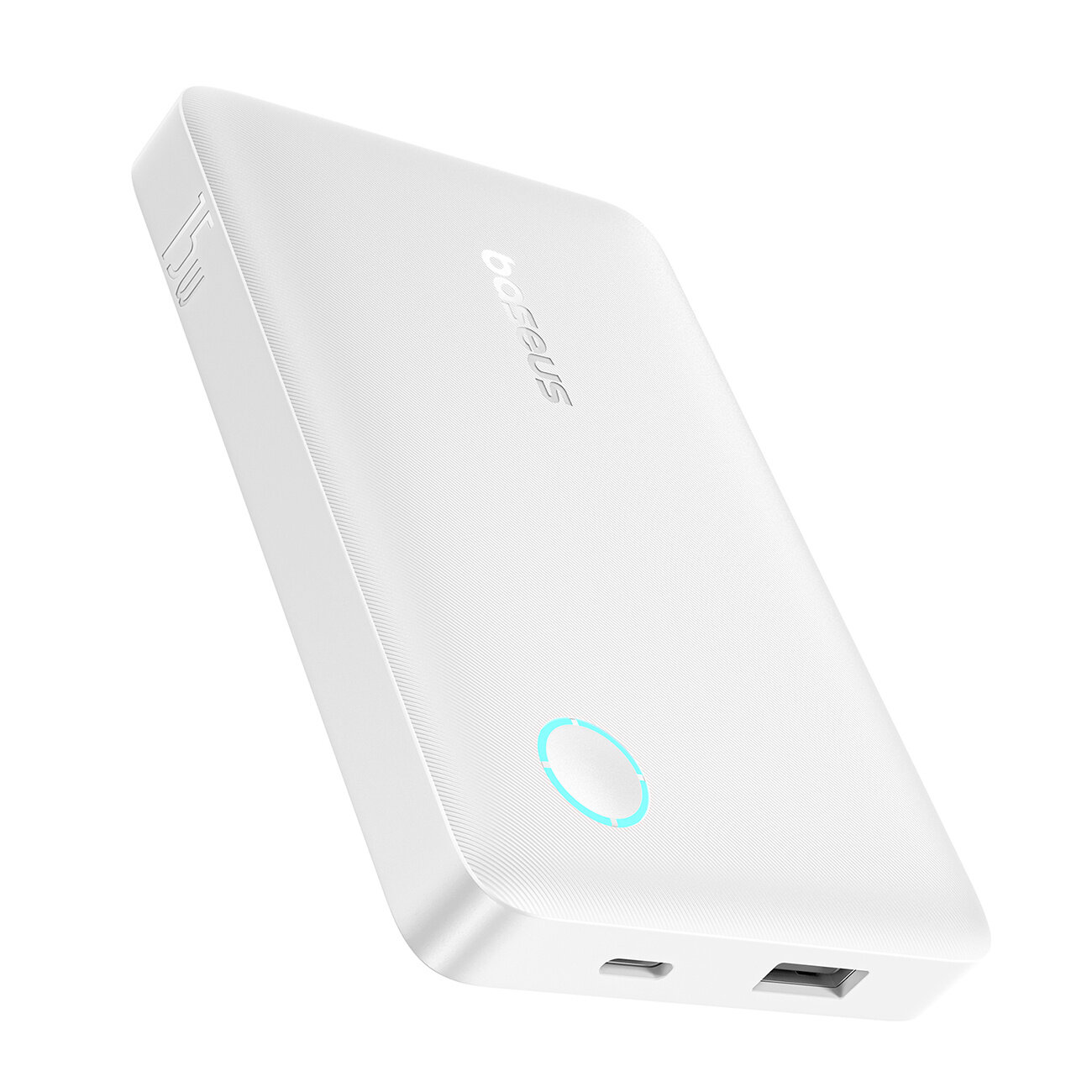Biały power bank z logo \'baseus\' na powierzchni, posiadający porty USB-C i USB-A oraz podświetlany przycisk. Na boku widoczny jest napis \'15W\'.