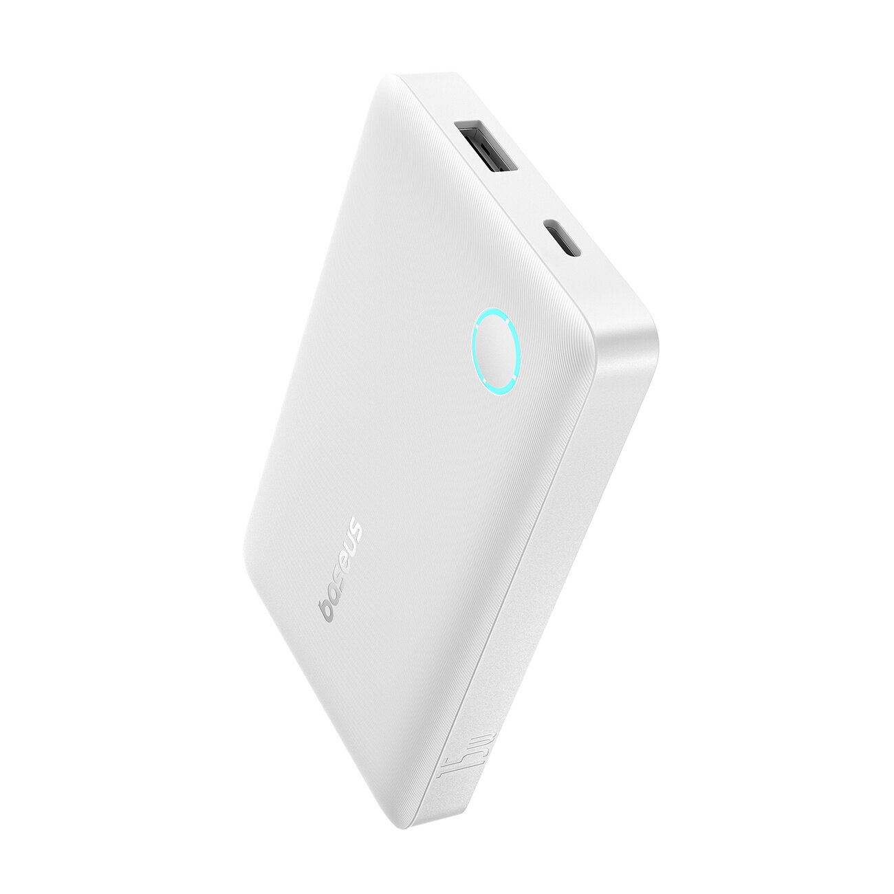 Biały power bank z widocznymi portami USB-C i USB-A oraz logo \'baseus\'.