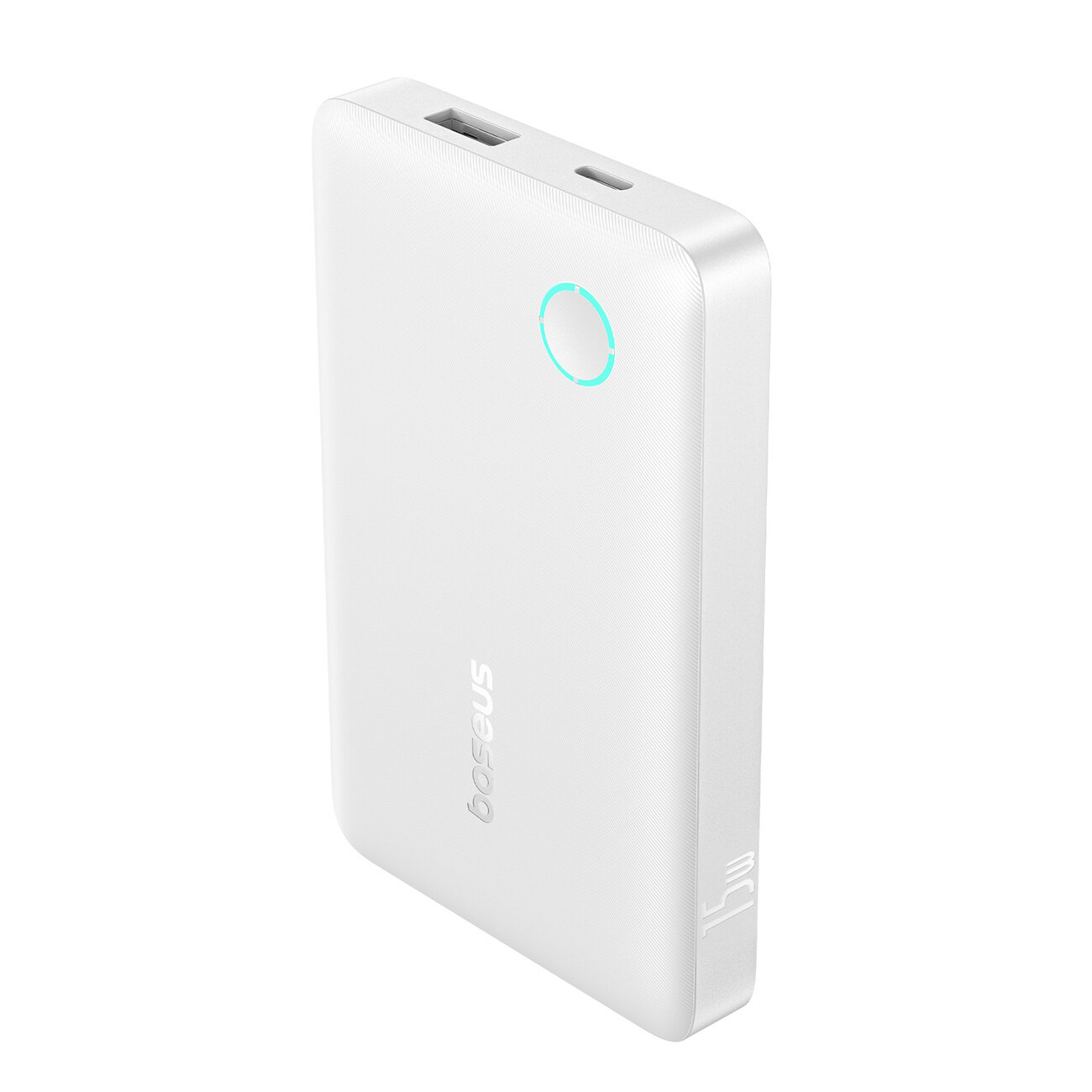Biały power bank z logo \'baseus\', posiadający dwa porty: USB-C i USB-A oraz podświetlany przycisk. Na boku widoczny jest napis \'15W\'.