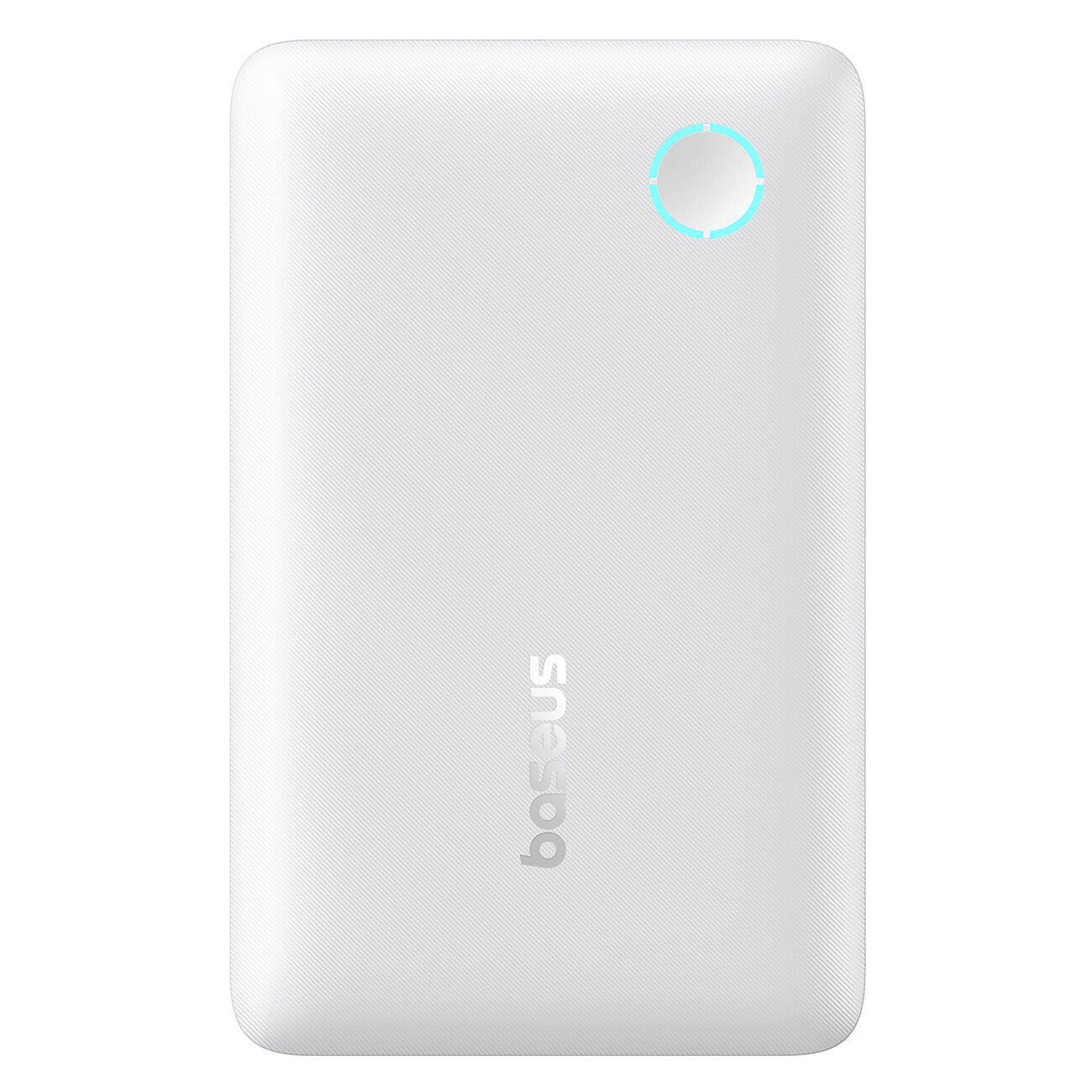 Biały power bank z logo \'baseus\' na powierzchni oraz okrągłym wskaźnikiem świetlnym w rogu.
