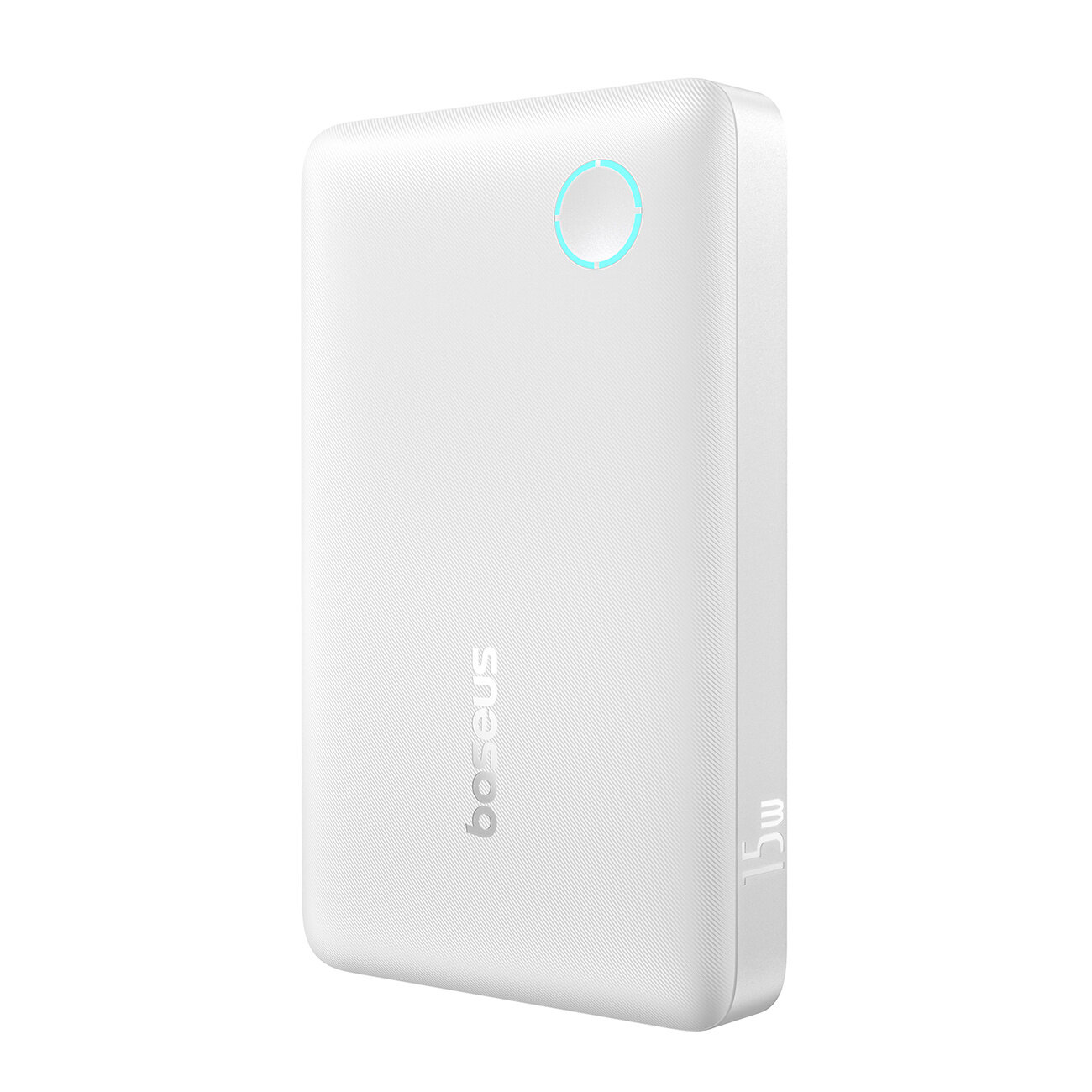 Biały power bank z logo \'baseus\' i oznaczeniem \'15W\' na boku, posiada okrągły wskaźnik świetlny na powierzchni.