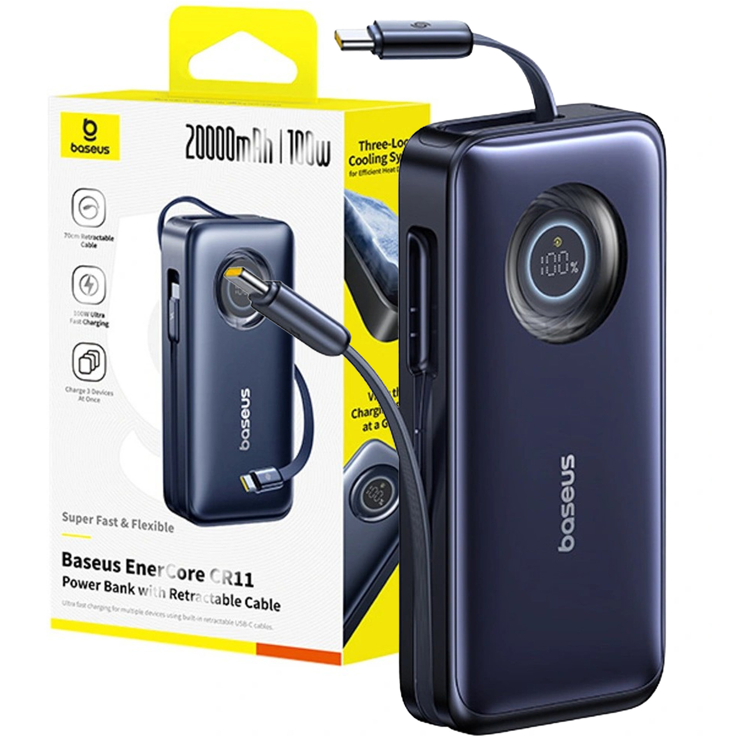 Na obrazie widoczny jest powerbank w ciemnym kolorze z wyświetlaczem pokazującym 100%, obok znajduje się opakowanie z napisem \'Baseus 20000mAh 100W\'. Powerbank posiada zwijany kabel USB-C i logo \'baseus\'.