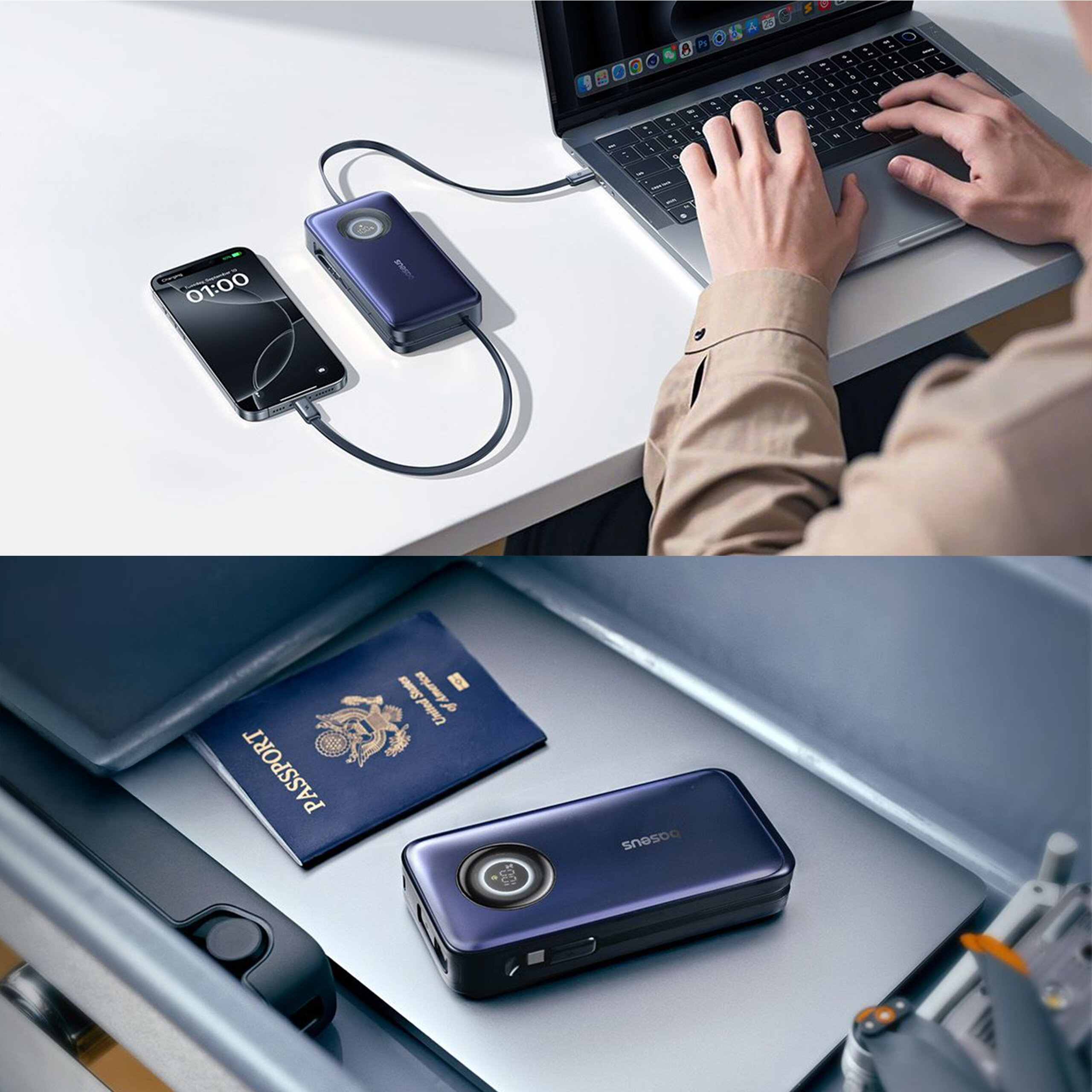 Na górnym zdjęciu powerbank podłączony jest do smartfona i laptopa, a obok widać dłonie osoby piszącej na klawiaturze. Na dolnym zdjęciu powerbank leży obok paszportu w szufladzie, a na jego powierzchni widnieje logo \'Baseus\'.