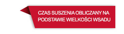 Czerwona wstążka z białym tekstem: \'CZAS SUSZENIA OBLICZANY NA PODSTAWIE WIELKOŚCI WSADU\'.