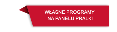 Czerwony prostokątny baner z tekstem \'WŁASNE PROGRAMY NA PANELU PRALKI\'.