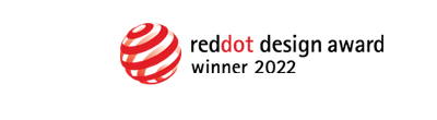 Logo z czerwonym, spiralnym wzorem obok tekstu \'reddot design award winner 2022\'.