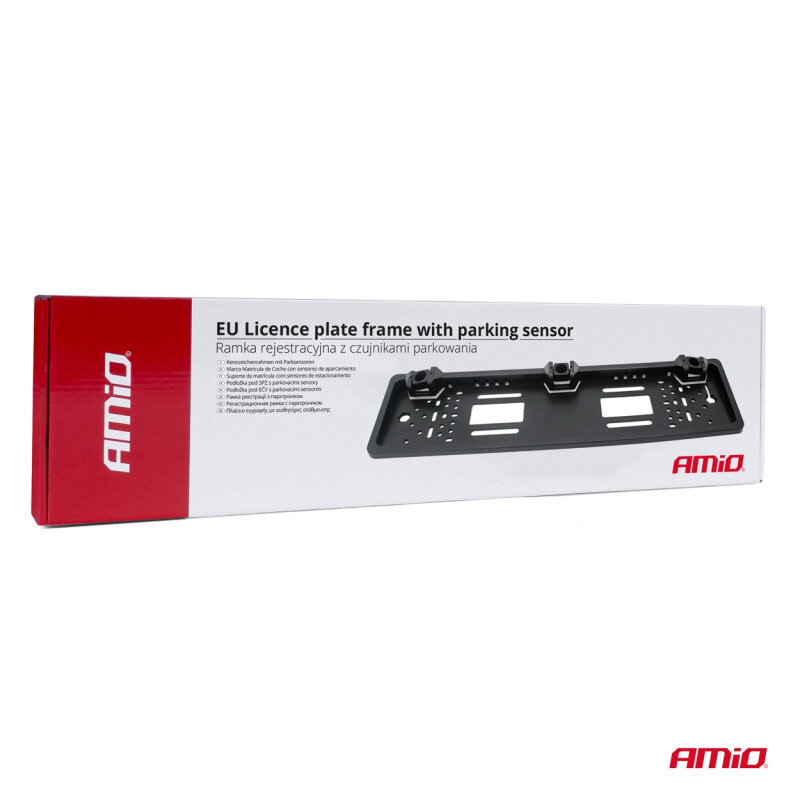 Opakowanie produktu z napisem \'EU Licence plate frame with parking sensor\' oraz \'Ramka rejestracyjna z czujnikami parkowania\'. Widoczne logo \'AMiO\' i zdjęcie ramki tablicy rejestracyjnej z czujnikami.