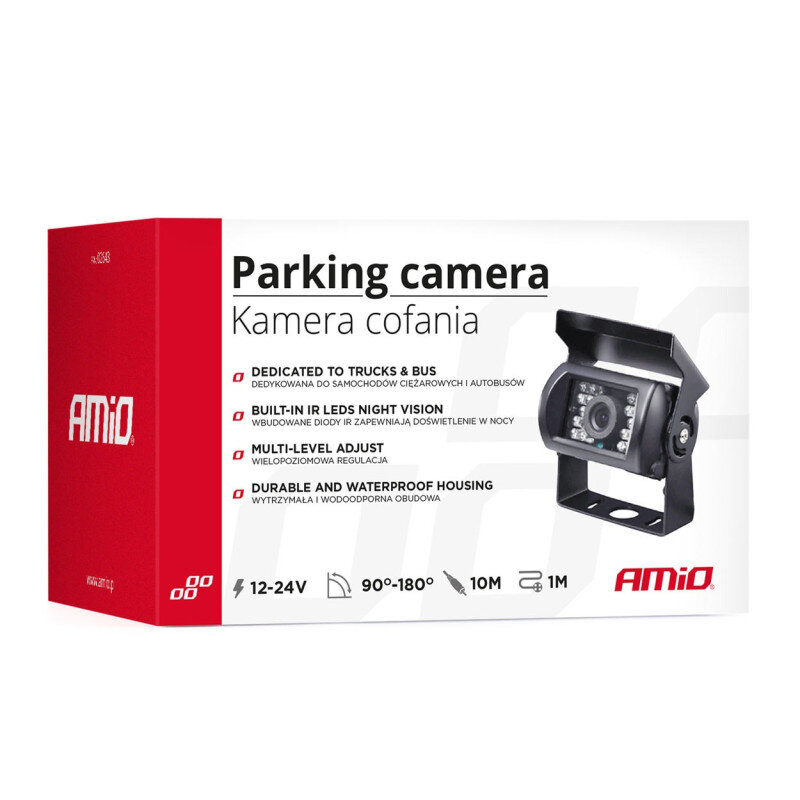 Opakowanie kamery cofania z napisem \'Parking camera Kamera cofania\'. Widoczne są cechy produktu, takie jak: dedykowana do samochodów ciężarowych i autobusów, wbudowane diody IR, wielopoziomowa regulacja, wytrzymała i wodoodporna obudowa oraz logo \'AMiO\'.