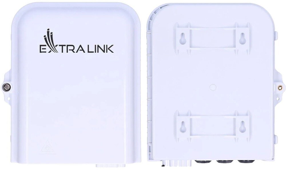 Puszka połączeniowa EXTRALINK EX.0820 Widok z przodu i z tyłu białej obudowy o zaokrąglonej górnej krawędzi, z logotypem na przedniej klapie oraz dwoma poziomymi uchwytami z otworami montażowymi z tyłu