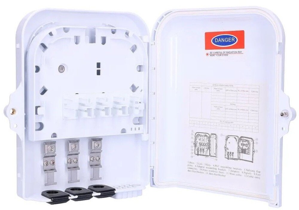 Puszka połączeniowa EXTRALINK EX.0820 Otwarta biała obudowa pokazująca plastikowy panel montażowy, trzy metalowe uchwyty kablowe u dołu oraz naklejkę ostrzegawczą 'DANGER' na wewnętrznej stronie pokrywy