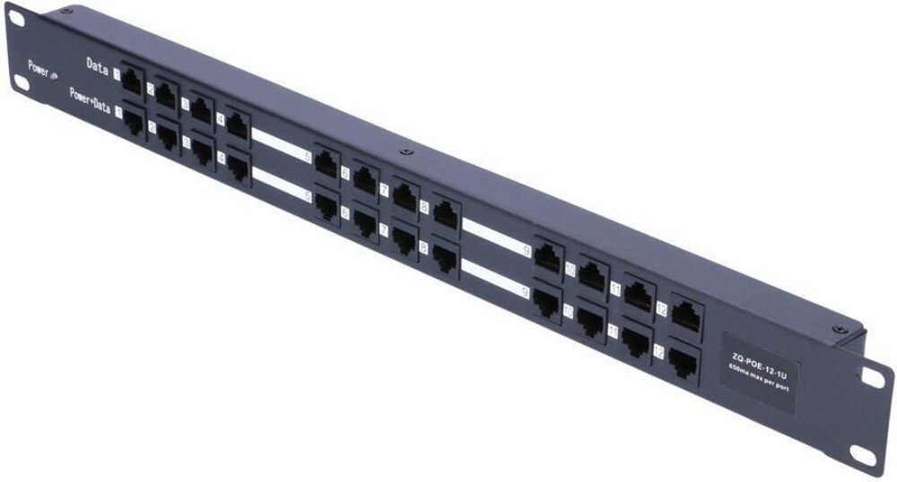 Injector PoE EXTRALINK EX.1971 Metalowy, czarny panel montażowy przeznaczony do szaf rakowych z dwunastoma parami gniazd RJ45 rozmieszczonymi w kolumnach, z których górny rząd ma biały napis 'Data', a dolny 'Power+Data'