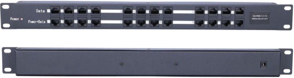 Injector PoE EXTRALINK EX.1971 Zestawienie dwóch widoków urządzenia, gdzie górne zdjęcie prezentuje przód z dwunastoma gniazdami wejściowymi i wyjściowymi oraz diodą kontrolną, a dolne pokazuje tylną część obudowy