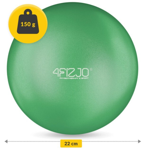 Zielona piłka do pilatesu i rehabilitacji z logo \'4FIZJO PHYSIOTHERAPY & SPORT\'. Waga piłki to 150 g, a średnica wynosi 22 cm.