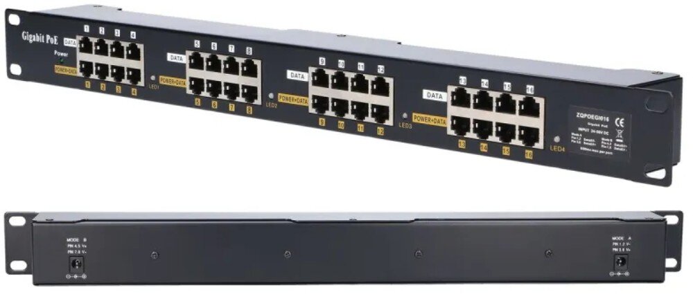 Injector PoE EXTRALINK EX.2008 16 Portowy Fotografia ukazuje przedni panel oraz tył czarnej listwy sieciowej, na której froncie rozmieszczono szesnaście portów RJ45 w sekcjach 'DATA' i 'POWER+DATA', natomiast na tylnej części umieszczono dwa gniazda zasilania DC z opisami 'MODE A' i 'MODE B'