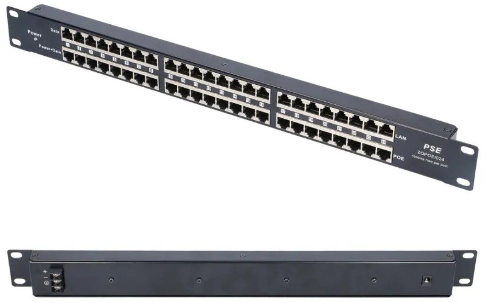 Injector PoE EXTRALINK EX.2015 24 Portowy Dwie perspektywy urządzenia, gdzie górna prezentuje przód z numerowanymi portami i napisami 'Data' oraz 'Power+Data', a dolna pokazuje tylną ściankę z terminalem śrubowym i gniazdem zasilania DC