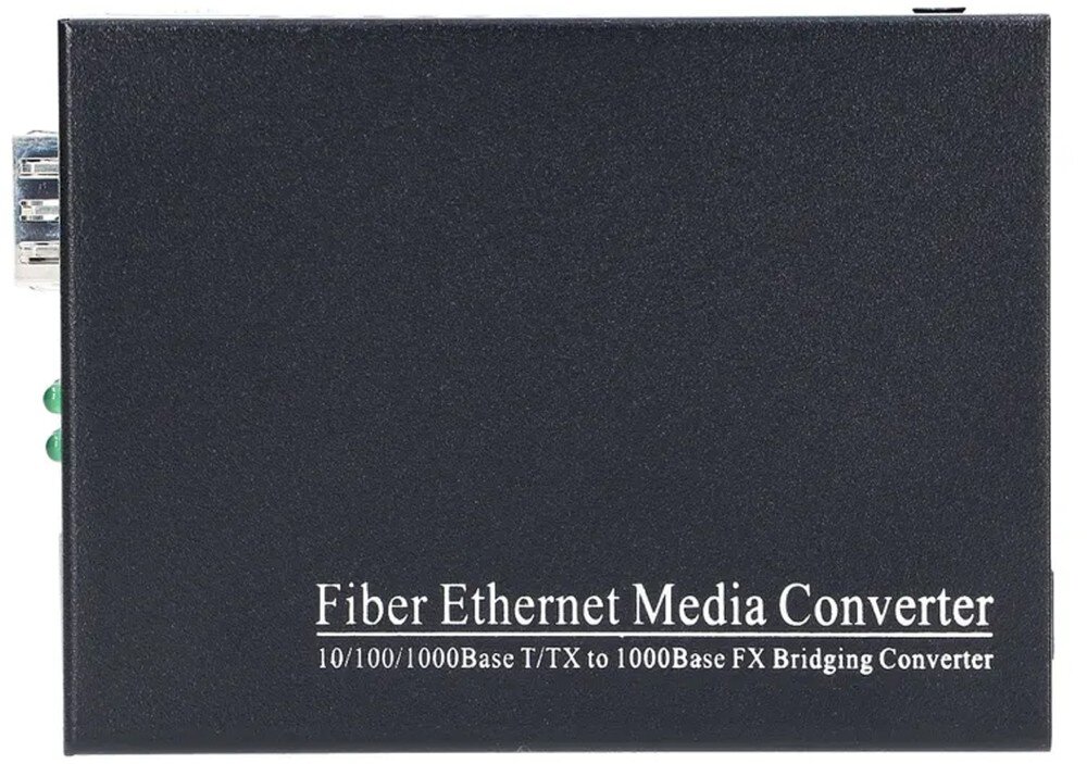 Konwerter światłowodowy EXTRALINK EX.3296 Widok z góry na czarną prostokątną obudowę z białymi napisami 'Fiber Ethernet Media Converter' oraz '10/100/1000Base T/TX to 1000Base FX Bridging Converter' w dolnej części