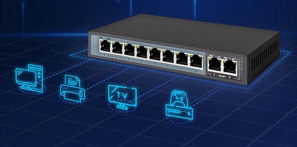 Switch EXTRALINK Ceres Czarny switch sieciowy z podłączonymi ikonami komputera, drukarki, telewizora i konsoli do gier na niebieskim tle siatki