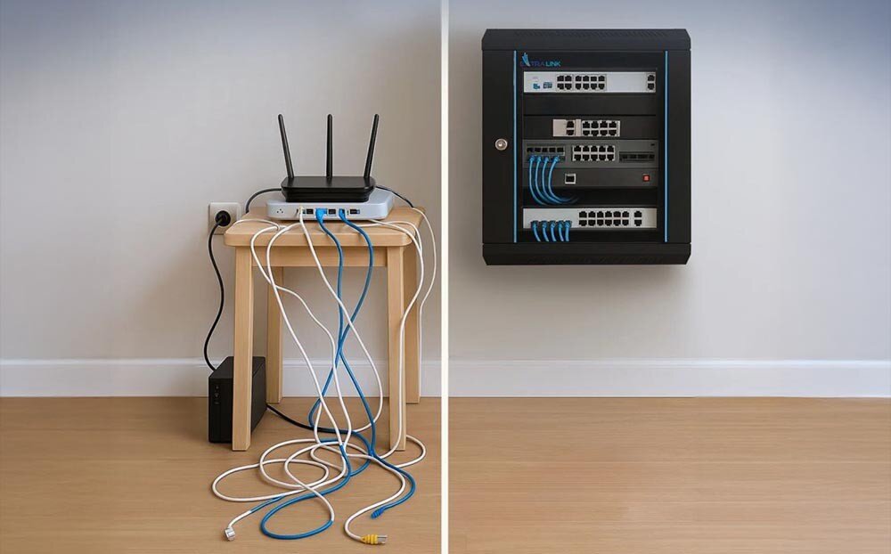 Szafa RACK EXTRALINK 19 4U EX.2886 600 x 450 mm Porównanie bałaganu z kablami i routerem na stołku z uporządkowanym sprzętem w wiszącej szafce RACK