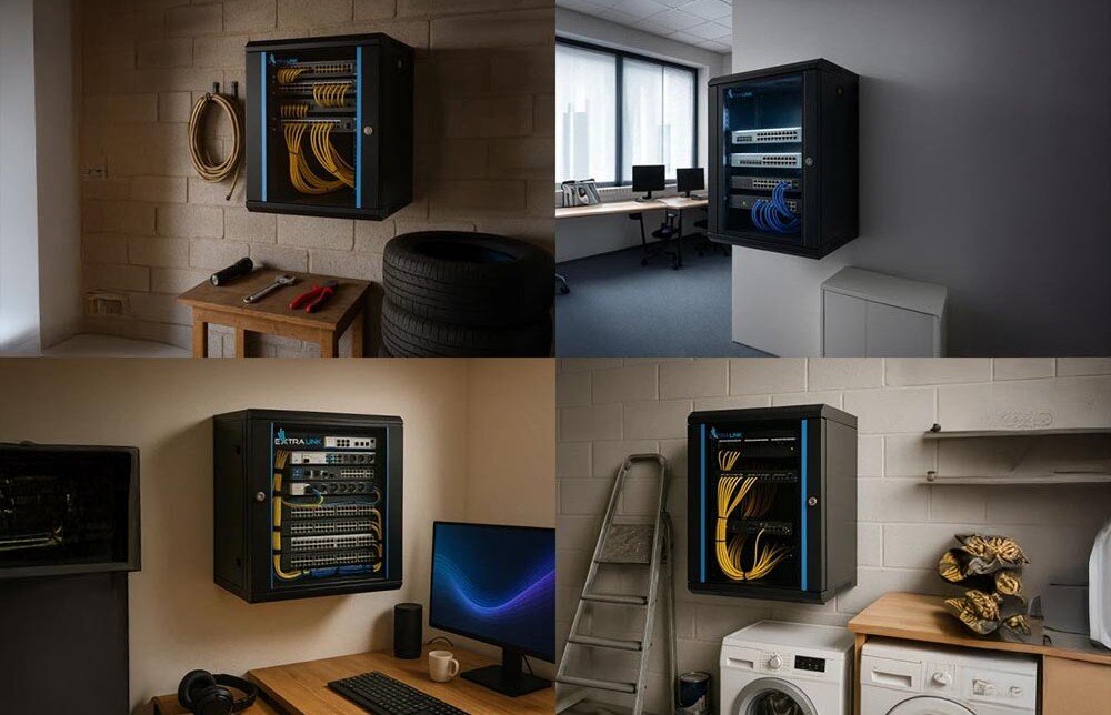 Szafa RACK EXTRALINK 19 4U EX.2886 600 x 450 mm Kolaż czterech zdjęć przedstawiających wiszącą szafkę w różnych pomieszczeniach: w garażu, w biurze, przy biurku z komputerem, oraz w pralni