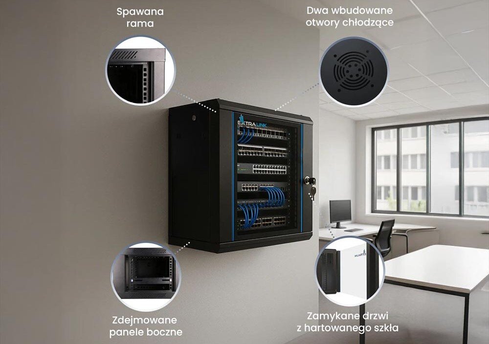 Szafa RACK EXTRALINK 19 4U EX.2886 600 x 450 mm Wisząca szafka z opisem jej czterech cech: 'spawanej ramy', 'zdejmowanych paneli bocznych', 'otworów chłodzących' i 'zamykanych drzwi ze szkła'
