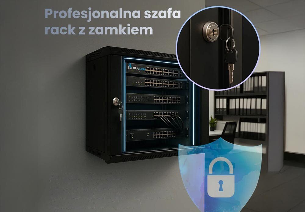 Szafa RACK EXTRALINK 19 4U EX.2886 600 x 450 mm Zbliżenie na zamek z kluczem w drzwiach czarnej szafki wiszącej, w tle widać półki z segregatorami