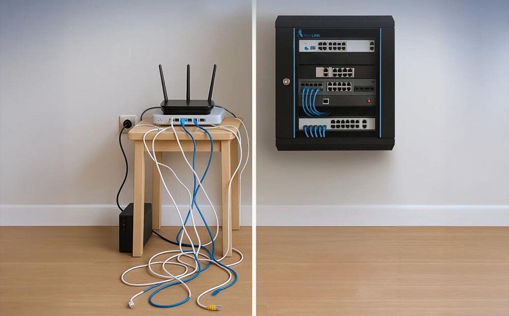 Szafa RACK EXTRALINK 19 6U EX.7225 600 x 450 mm Porównanie bałaganu z kablami i routerem na stołku z uporządkowanym sprzętem w wiszącej szafce RACK