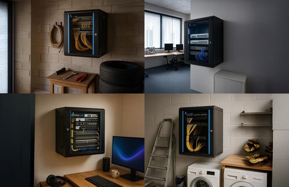 Szafa RACK EXTRALINK 19 6U EX.7225 600 x 450 mm Kolaż czterech zdjęć przedstawiających wiszącą szafkę w różnych pomieszczeniach: w garażu, w biurze, przy biurku z komputerem, oraz w pralni