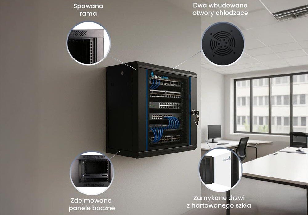 Szafa RACK EXTRALINK 19 6U EX.7225 600 x 450 mm Wisząca szafka z opisem jej czterech cech: 'spawanej ramy', 'zdejmowanych paneli bocznych', 'otworów chłodzących' i 'zamykanych drzwi ze szkła'