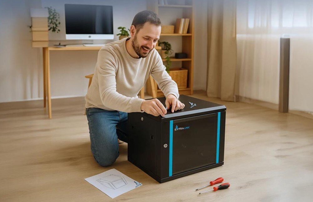 Szafa RACK EXTRALINK 19 6U EX.7225 600 x 450 mm Uśmiechnięty mężczyzna klęczący na podłodze podczas montażu czarnej szafki, obok leżą śrubokręty i instrukcja