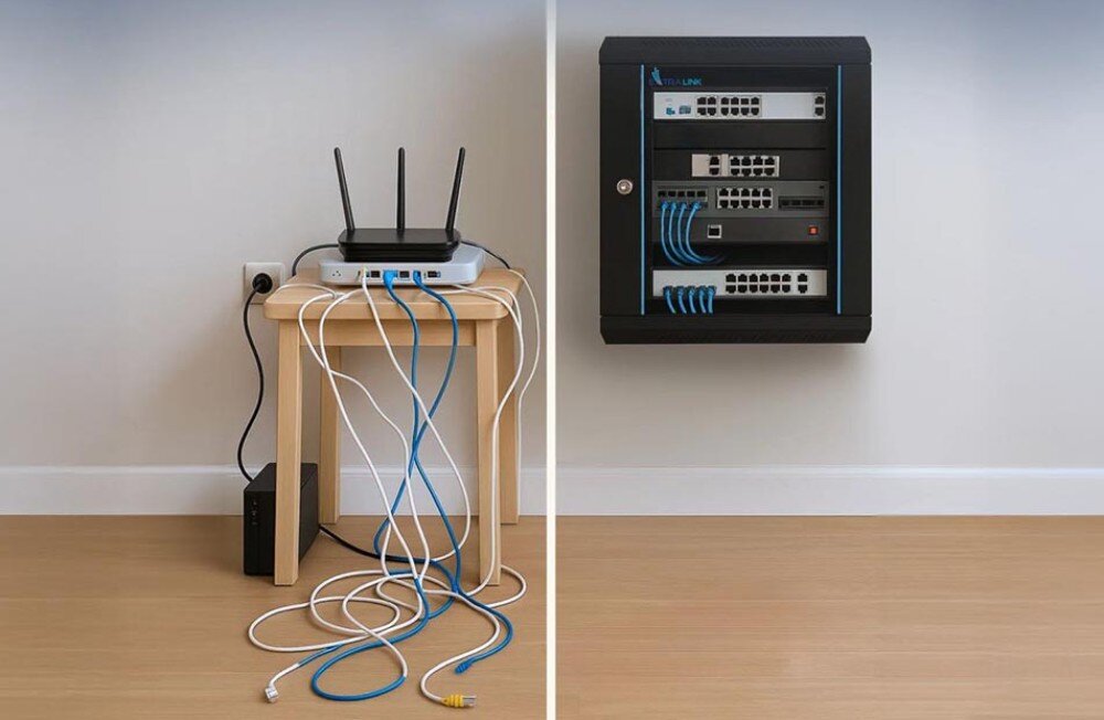 Szafa RACK EXTRALINK 19 6U EX.7232 600 x 600 mm Porównanie bałaganu z kablami i routerem na stołku z uporządkowanym sprzętem w wiszącej szafce RACK