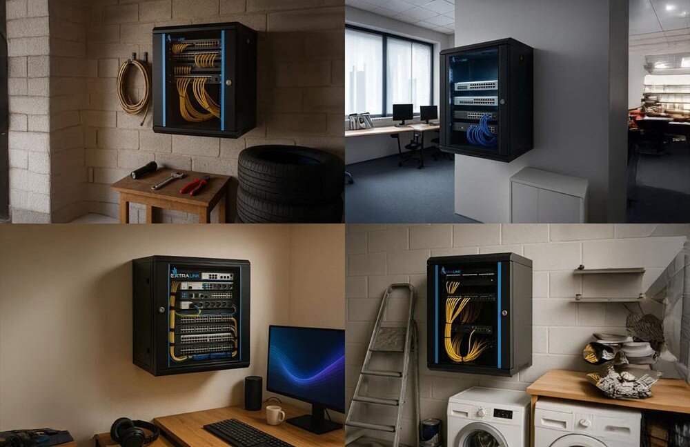 Szafa RACK EXTRALINK 19 6U EX.7232 600 x 600 mm Kolaż czterech zdjęć przedstawiających wiszącą szafkę w różnych pomieszczeniach: w garażu, w biurze, przy biurku z komputerem, oraz w pralni