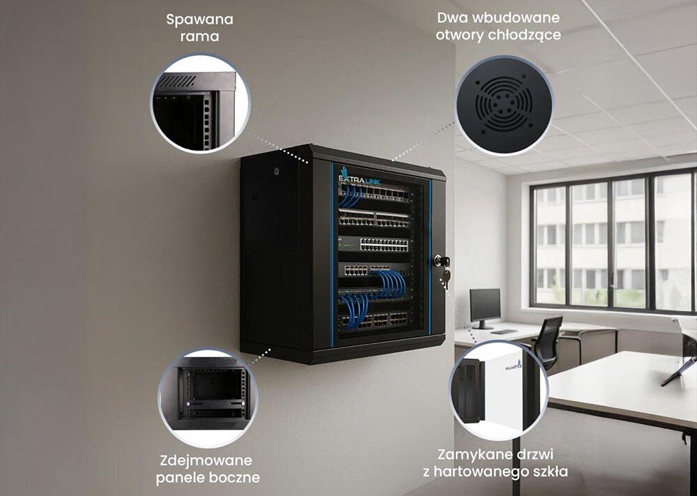 Szafa RACK EXTRALINK 19 6U EX.7232 600 x 600 mm Wisząca szafka z opisem jej czterech cech: 'spawanej ramy', 'zdejmowanych paneli bocznych', 'otworów chłodzących' i 'zamykanych drzwi ze szkła'