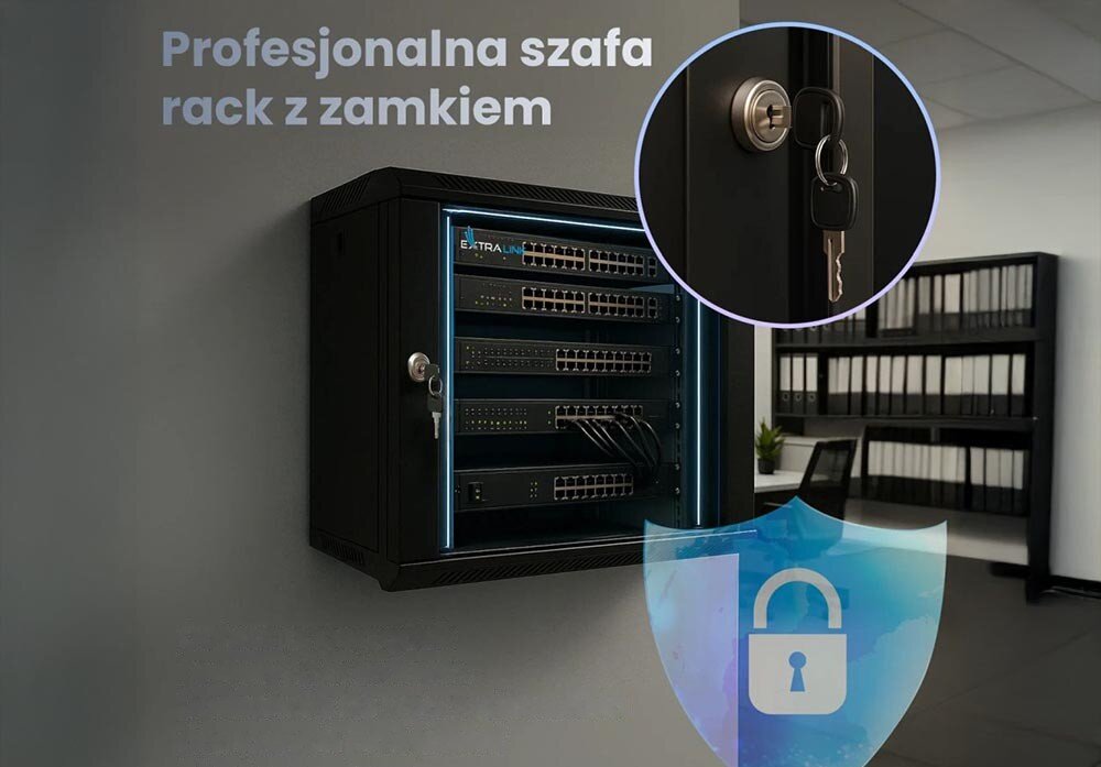 Szafa RACK EXTRALINK 19 6U EX.7232 600 x 600 mm Zbliżenie na zamek z kluczem w drzwiach czarnej szafki wiszącej, w tle widać półki z segregatorami