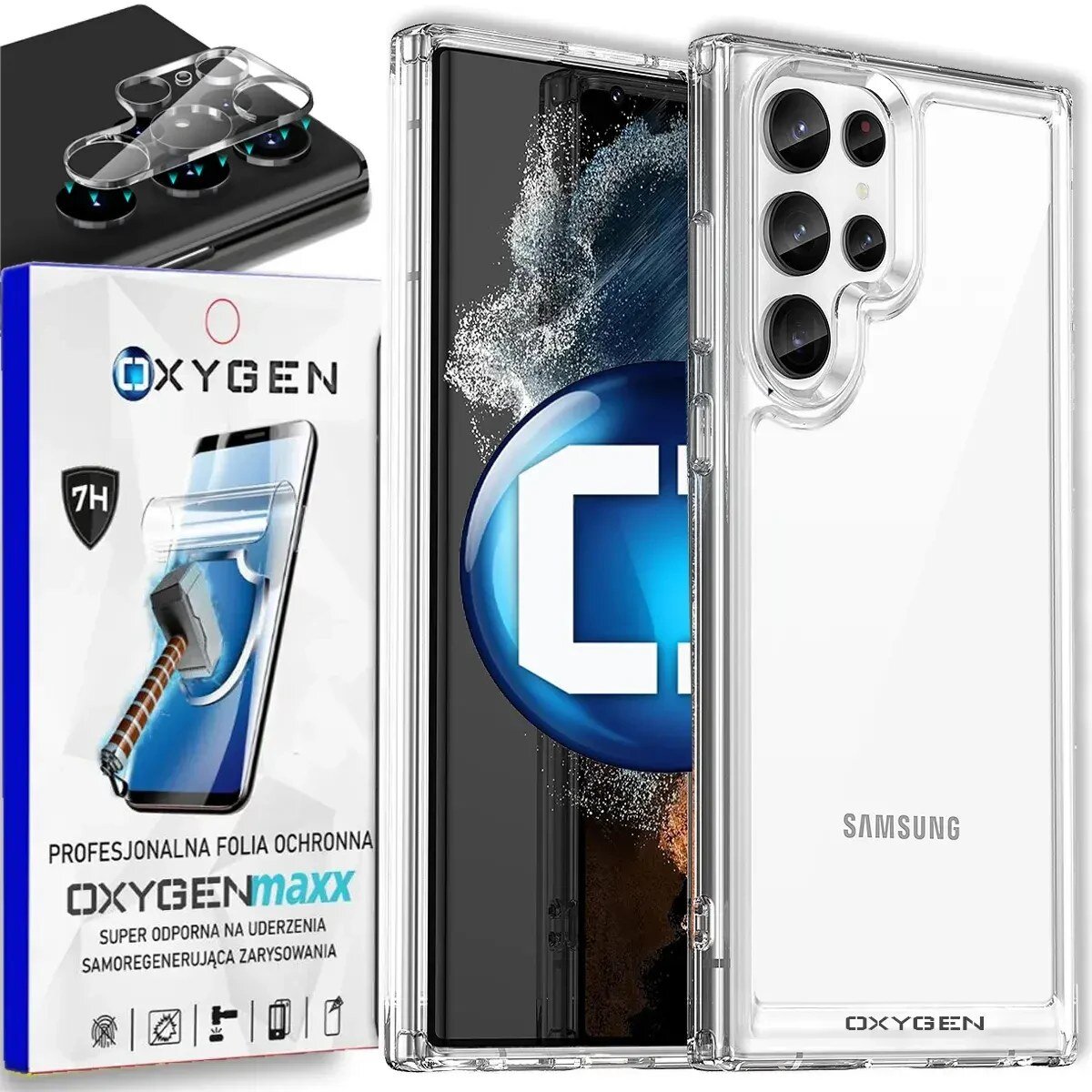 Przezroczyste etui na telefon z widocznym logo \'OXYGEN\' oraz opakowanie z napisem \'PROFESJONALNA FOLIA OCHRONNA OXYGENmaxx SUPER ODPORNA NA UDERZENIA SAMOREGENERUJĄCA ZARYSOWANIA\'.