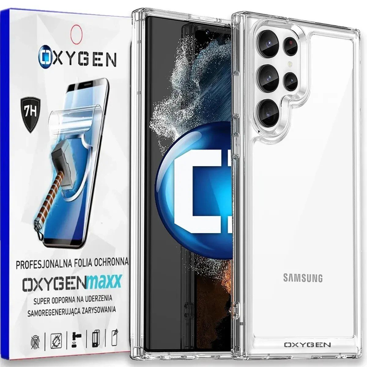 Obraz przedstawia przezroczyste etui na telefon z widocznym logo Samsung oraz opakowanie z napisem \'OXYGENmaxx PROFESJONALNA FOLIA OCHRONNA SUPER ODPORNA NA UDERZENIA SAMOREGENERUJĄCA ZARYSOWANIA\'.
