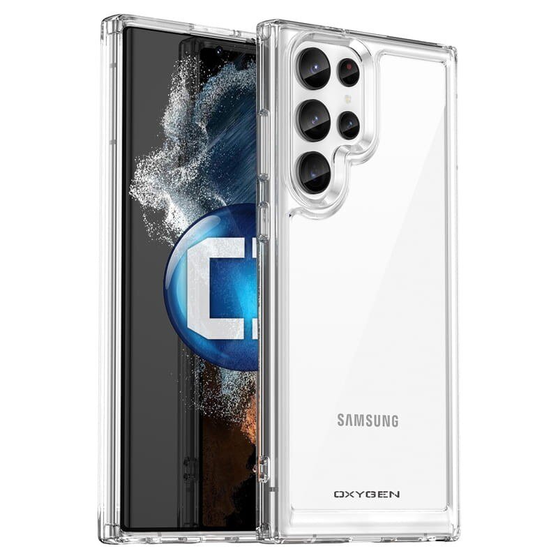 Przezroczyste etui na telefon z widocznym napisem \'SAMSUNG\' i \'OXYGEN\'. Etui jest dopasowane do modelu z dużym wycięciem na aparat z czterema obiektywami.