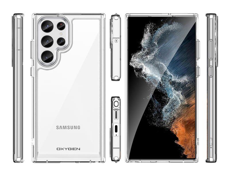 Przezroczyste etui na telefon z widocznym napisem \'SAMSUNG\' i \'OXYGEN\'. Obok znajduje się telefon z wyświetlaczem pokazującym abstrakcyjny wzór w kolorach czerni, bieli i pomarańczu.