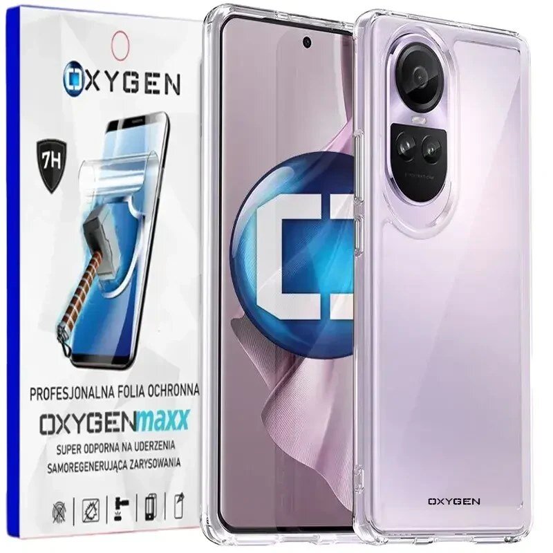 Obraz przedstawia przezroczyste etui na telefon z widocznym logo OXYGEN oraz opakowanie z napisem \'PROFESJONALNA FOLIA OCHRONNA OXYGENmaxx SUPER ODPORNA NA UDERZENIA SAMOREGENERUJĄCA ZARYSOWANIA\'.