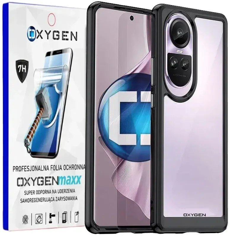 Na obrazie widoczne jest przezroczyste etui na telefon z czarnymi krawędziami oraz opakowanie z napisem \'OXYGEN\' i grafiką młotka uderzającego w ekran. Na opakowaniu znajduje się tekst: \'PROFESJONALNA FOLIA OCHRONNA OXYGENmaxx SUPER ODPORNA NA UDERZENIA SAMOREGENERUJĄCA ZARYSOWANIA\'.