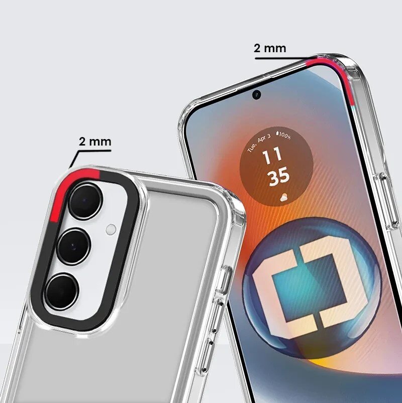 Obraz przedstawia przezroczyste etui na telefon z widocznymi trzema aparatami i oznaczeniem 2 mm. Na ekranie telefonu widoczna jest godzina 11:35 oraz data Tue, Apr 3.