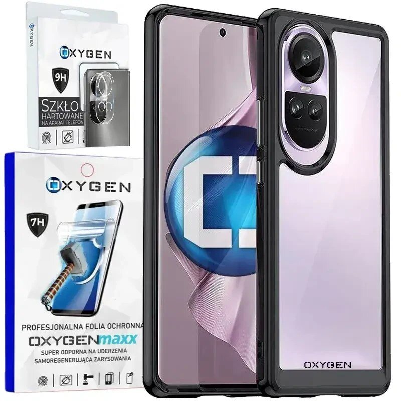Na obrazie widoczne jest przezroczyste etui na telefon z czarnymi krawędziami oraz opakowania z napisem \'OXYGEN\' i \'Szkło hartowane na aparat telefon\'.
