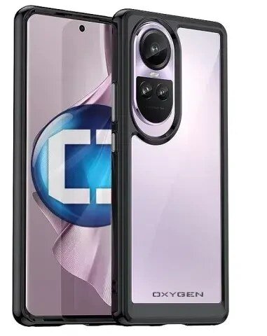 Przezroczyste etui na telefon z czarnymi krawędziami, widoczne logo \'OXYGEN\'.