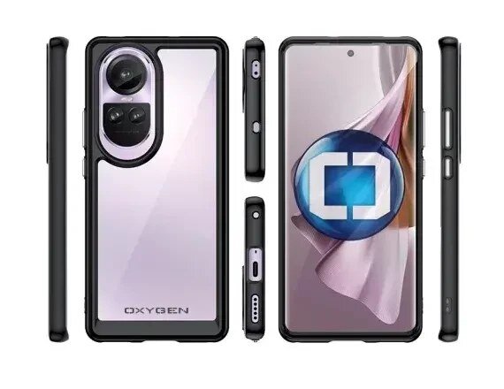 Etui na telefon z przezroczystym tyłem i czarnymi krawędziami, z widocznym napisem \'OXYGEN\'. Obok etui znajduje się telefon z wyświetlaczem, na którym widoczna jest grafika z niebieskim okręgiem i białym symbolem w środku.