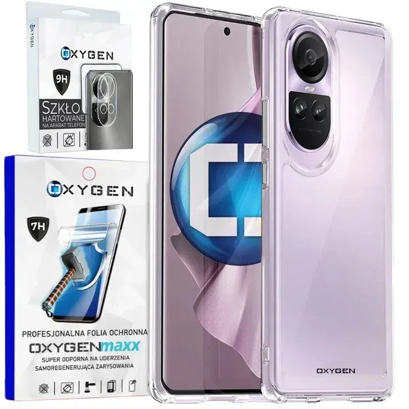 Na obrazie widoczne jest przezroczyste etui na telefon oraz opakowania z napisem \'OXYGEN\' i \'Szkło hartowane\'. Etui jest przeznaczone do telefonu z dużym obiektywem aparatu, a na opakowaniach znajdują się oznaczenia \'9H\' i \'7H\'.