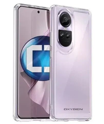 Przezroczyste etui na telefon z widocznym napisem \'OXYGEN\', zaprojektowane dla modelu OPPO Reno 10 / 10 Pro. Etui posiada wycięcia na aparat i przyciski.